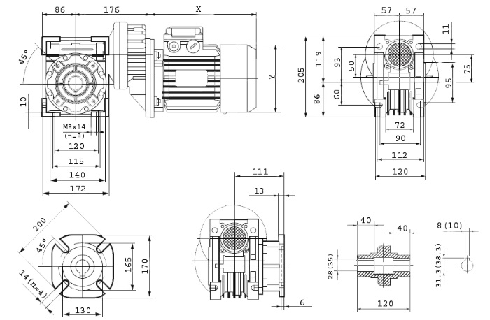 Размеры мотор-редуктора PCRV 071/075