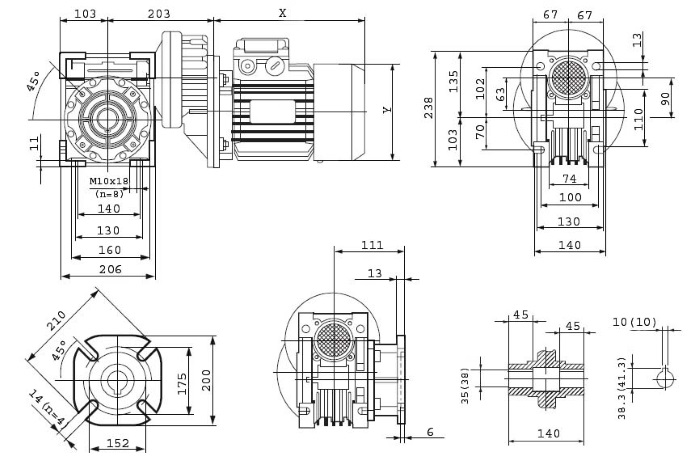 Размеры мотор-редуктора PCRV 080/090