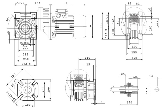 Размеры мотор-редуктора PCRV 090/130